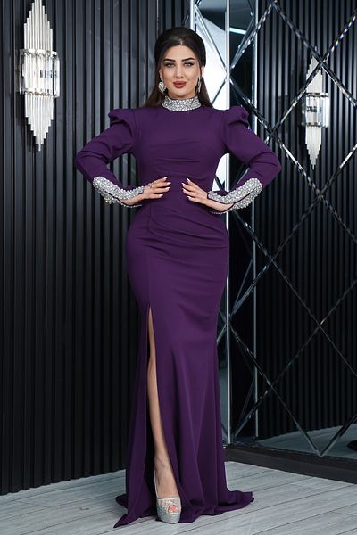 Matik Abiyem Imported Atlas Design Slit Long Dress Evening Dress with Sleeves and Neck Tie Stone Accessories