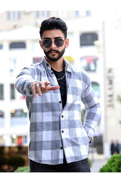 Esra Butik Hane Ανδρικό βαμβακερό χειμωνιάτικο πουκάμισο ξυλοκόπο Γκρι λευκό καρό μοτίβο καρό μπουφάν