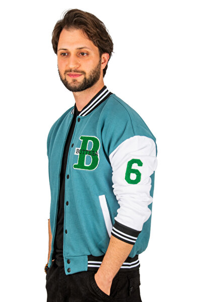 DeepSEA Men's Turquoise Three Thread Embroidered Snap Collar Bomber Jacket2304762