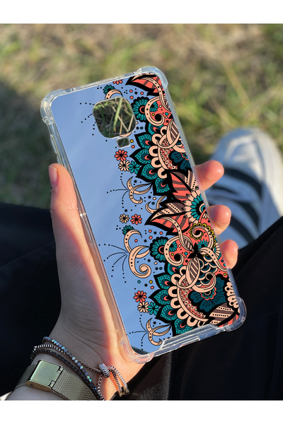 PERAX Redmi Note 9 Pro Max Uyumlu Ayna Baskılı Yaprak Çiçek Çizim Desenli Kam...