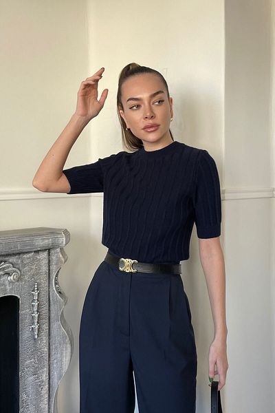 Miyore Short Sleeve Corded Sweater - NAVY BLUE