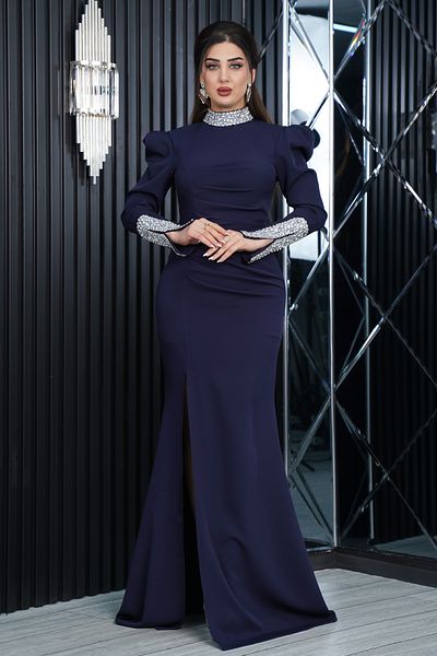Matik Abiyem Long Imported Atlas Dress Evening Dress with Jewelled Neck and Slit