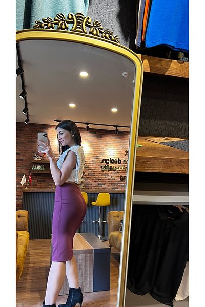Daves Slit Gathered Polyester Knitted Fabric Plum Skirt