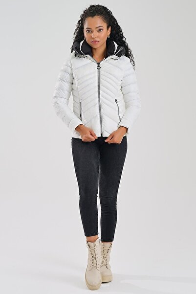 Rodi Jeans White Slim Fit Hooded Women's Coat - Stand Collar