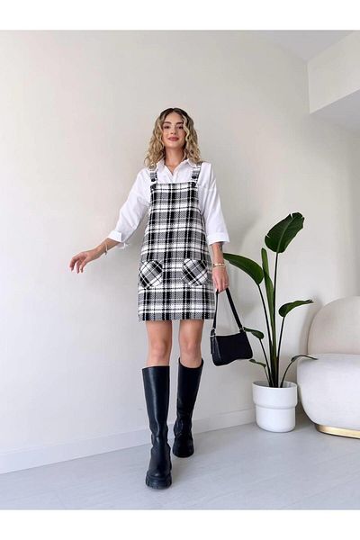 MsLena Butik Plaid Patterned Winter White Slopet / Women's Overalls Dress