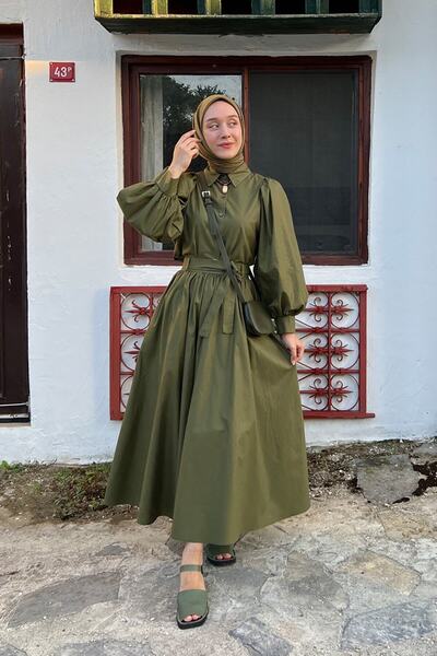 Ceylan Otantik Khaki Koton Balloon Skirt & Khaki Classic Collar Crop Shirt Set