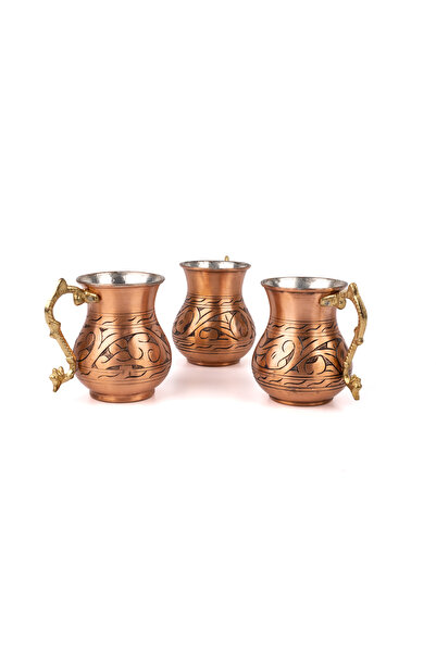 Zinnun Classic Patterned Carved Copper Ayran Cup/Mug Set of 3