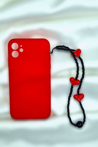 KRIMO Black Beaded Phone Charm Ornament with Red Heart