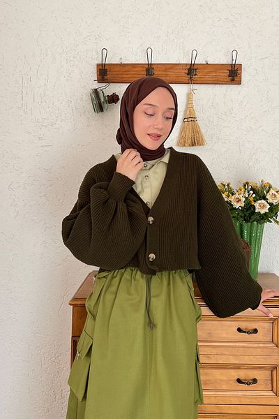 Ceylan Otantik Khaki Balloon Sleeve Knit Cardigan