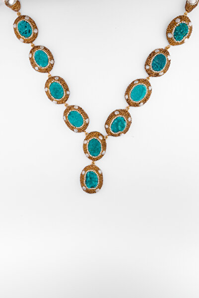 Natuur Collection Beline El Yapımı Aquamarine Ve Incili Doğal Taş Süslemeli Altın Kaplama Lüks Özel Tasarım Kolye