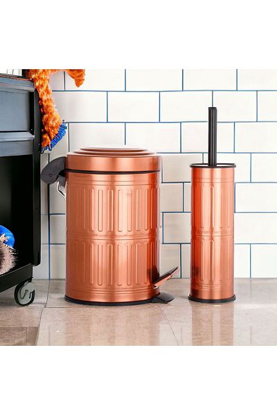 Akkoyunlu home Χάλκινο Μεταλλικό Σετ Κάδος Απορριμμάτων με Πεντάλ Μπάνιου WC Σετ Κάδος και Βούρτσα 500 L