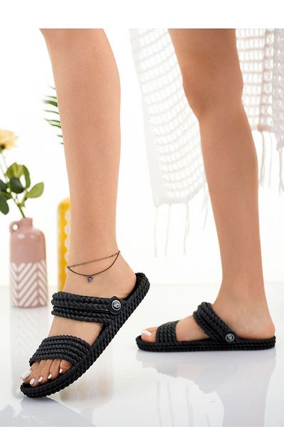 Modafırsat Women's Black Straw Weave Sandals Washable Non-Slip Massage Sole Sea Beach Daily Slippers Sandals