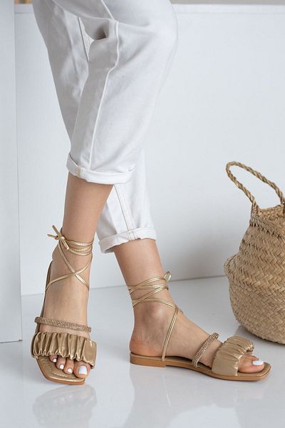 Modafırsat Women's Stone Sandals Gold Ankle Strap Drawstring Lace Stylish Sandals