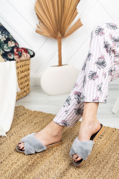 Modafırsat Ice Gray Women's Cross Plush Slippers Fluffy Furry Home Slippers Stylish Guest Dowry Birthday Daily Slippers