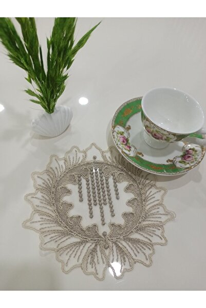 İNCİ ÇEYİZ 6 Adet Simli Çiçek Desenli Hayal Tül Üzeri Kortlu Nakışlı Kahve Ya...