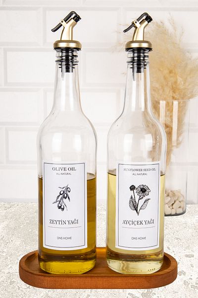 DNS HOME Set of 2 Glass Oil Pots with Wooden Stand Olive Oil Sunflower Oil Bottle Lock Cap Oil Pot Oil Pot 750 ml