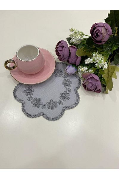 İNCİ ÇEYİZ 6 Pieces Linen Fabric Corded Embroidered Coffee Side Presentation Napkin&amp; Coaster