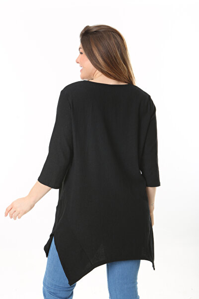 Şans Women's Large Size Black Skirt Top Detailed Capri Sleeve Blouse 65n37505