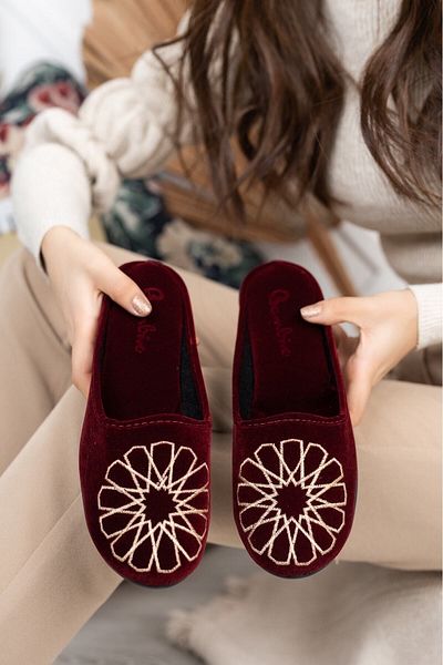 Modafırsat Burgundy Women's Hittite House Slippers Winter Indoor Soft Sole Comfortable Slippers Embroidered Dowry Bundle Slippers