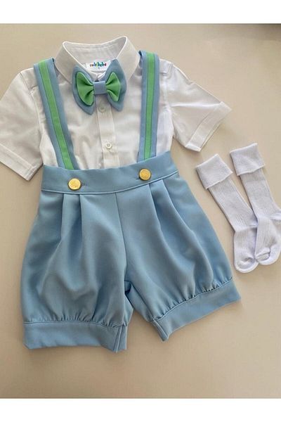 tubibebe Baby Blue - Water Green Pleated Shorts, Salopet + Shirt + Bow Tie + Socks