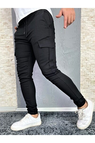 ellobutik Slim Fit Beli Ve Paçası Lastikli Kargo Cep Pantolon (SİYAH)