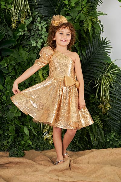 zühre balaban One Shoulder Gold Color Sequined Girl's Evening Dress