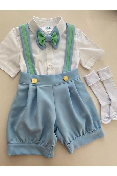 tubibebe Baby Blue - Water Green Pleated Shorts, Salopet + Shirt + Bow Tie + Socks