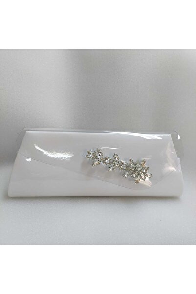 bsc Shiny White Patent Leather Evening Bag with Transparent Cover and Stones