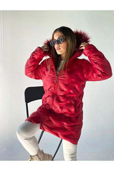 ZY BUTİK Red Hooded Fur Puffer Jacket