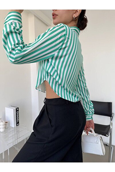 STL Yeşil Çızgılı Saten Gömlek