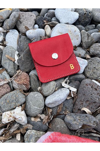 Pinkylola Letter B, Square Model Red Genuine Leather Coin Purse / Airpod Case
