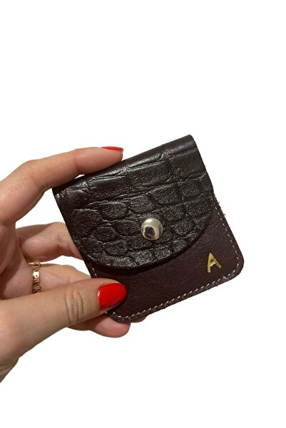 Pinkylola Kare Model A Harfi Bordo Kahve Kroko Baskılı Hakiki Deri Airpod Kılıfı,mini Bozuk Para Cüzdanı