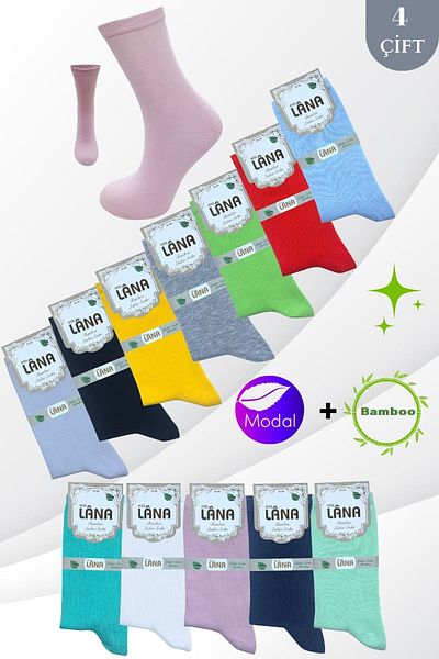 Miss Lana Șosete de damă (BAMBOO MODAL) Absorbție de transpirație fără sudură Model Trendy Socket Socket Long (4 PERECHI) Sortiment de culoare