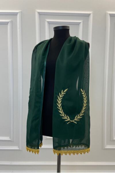 ZEYMERADE Yeşil Şifon Lüks Damat Şalı, Gold Dal Nakışlı, Sağdıç Nedime Kına A...