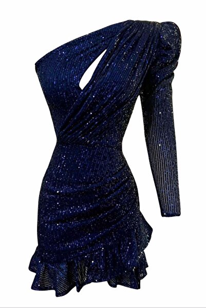 Gira official Lacivert Payetli Tek Omuz Elbise