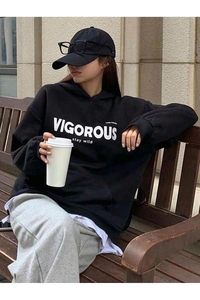 Khione Hanorac cu glugă oversize, unisex, imprimat viguros, negru