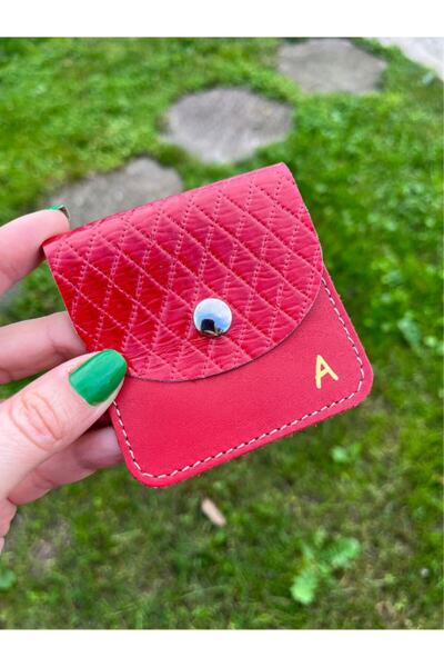 Pinkylola Square Model Letter A Red Quilted & Red Genuine Leather Airpod Case...