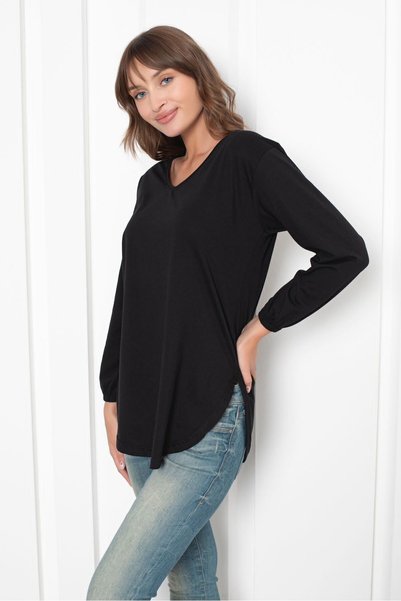 Trendbade Butik Women's Combed Cotton (Thin) V-Neck Long Sleeve Blouse with Elastic Sleeves and Slits