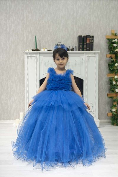 FR Shop Ruffled Tarlatanlı Double Handkerchief Skirt with Bow on the Back Blue 2024 New Season Princess Model
