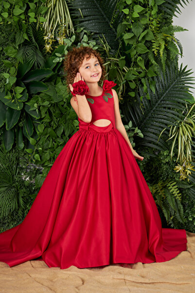 zühre balaban kırmızı güllü uzun kız çocuk abiye elbise