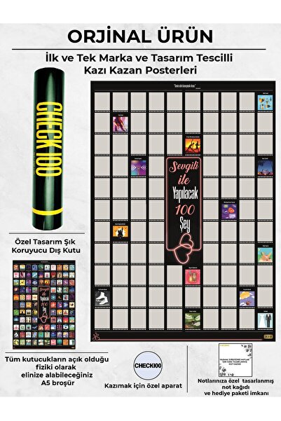 Check100 Sevgili Ile Yapılacak 100 Şey Kazıkazan Poster, Sevgiliye Hediye, Kazınabilir Poster, Hediyelik