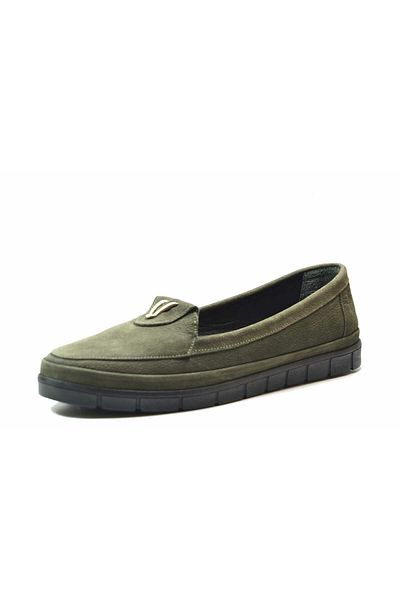 Onlo Ayakkabı V41 Genuine Leather Nubuck Khaki Orthopedic Women's Ballerinas Large Size