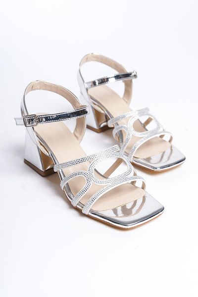 bescobel Dámské sandály Pedma Silver Low Thick Heel Stone Sandals 5 cm 205