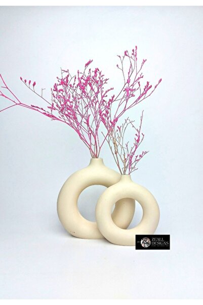 ZEALL DESIGNS Dekoratif Seramik Mat Bej 2'li Halka Vazo Bohem Set
