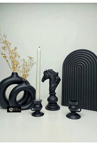ZEALL DESIGNS Mat Siyah Seramik Bohem Set - 2'li Halka Vazo 1 At Biblo 1 Büyük Sunumluk Rainbow Tepsi 2 Gül Mumluk