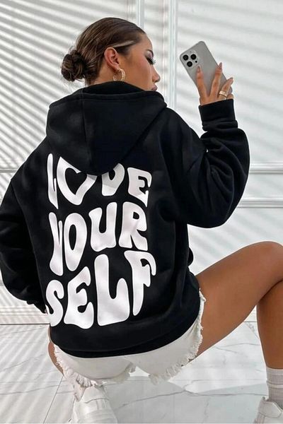 Khione Unisex Μαύρο Love Your Self Printed Hooded Oversize φούτερ με κουκούλα