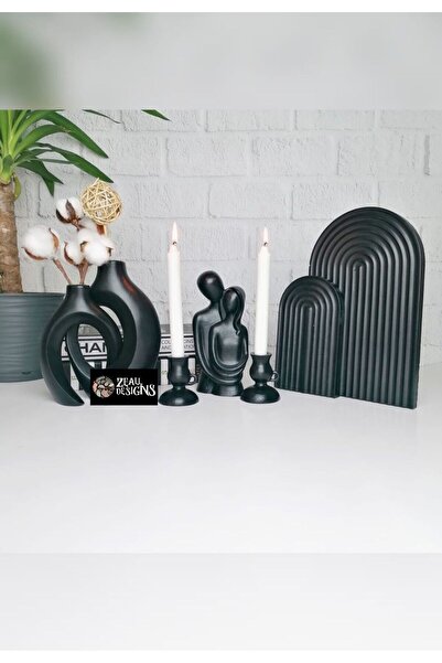 ZEALL DESIGNS Siyah Bohem Set - 2li Sarmaşık Vazo 1 Sevgili Biblo 1 Büyük 1 K...