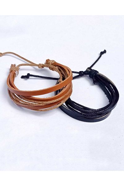 BSN Store Multiple Tan/Black 2 Pieces Genuine Leather Bracelet