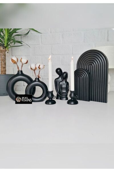 ZEALL DESIGNS Siyah Seramik Bohem Set - 2li Halka Vazo 1 Sevgili Biblo 1 Büyü...