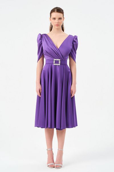 DANS ABİYE Double Breasted Collar Sleeve Detailed Belted Satin Evening Dress